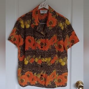 VTG CERVELLE BLOUSE SMALL 100% POLYESTER LEOPARD/FLORAL/FRUIT PRINT MADE IN USA